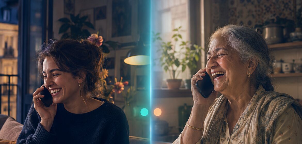 Two women on a phone call in different homes, joined by a line of light.