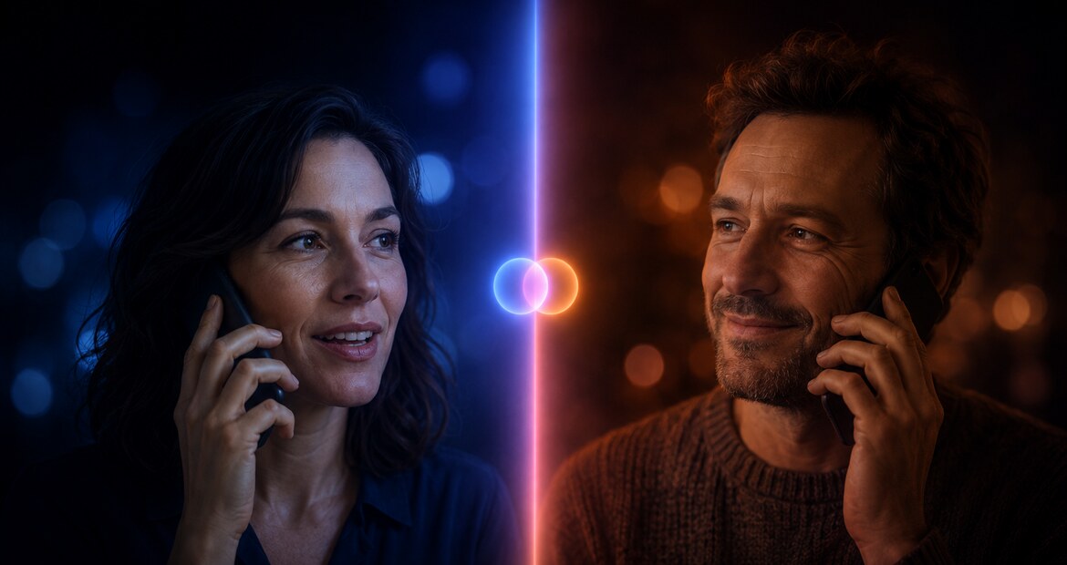 Two people sharing one phone call, joined by a line of light.